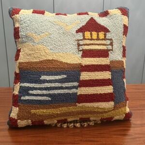 Hand-Hooked Wool Blend Lighthouse Throw Pillow | Coastal‎ Nautical Americana 17"